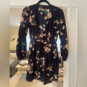 Navy Blue and Floral Feux-Wrap Dress